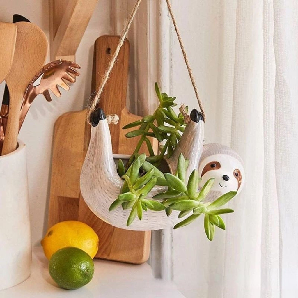 Creative Ceramic Sloth Hanging Flowerpot with Hemp Rope Sloth Pot Off-White