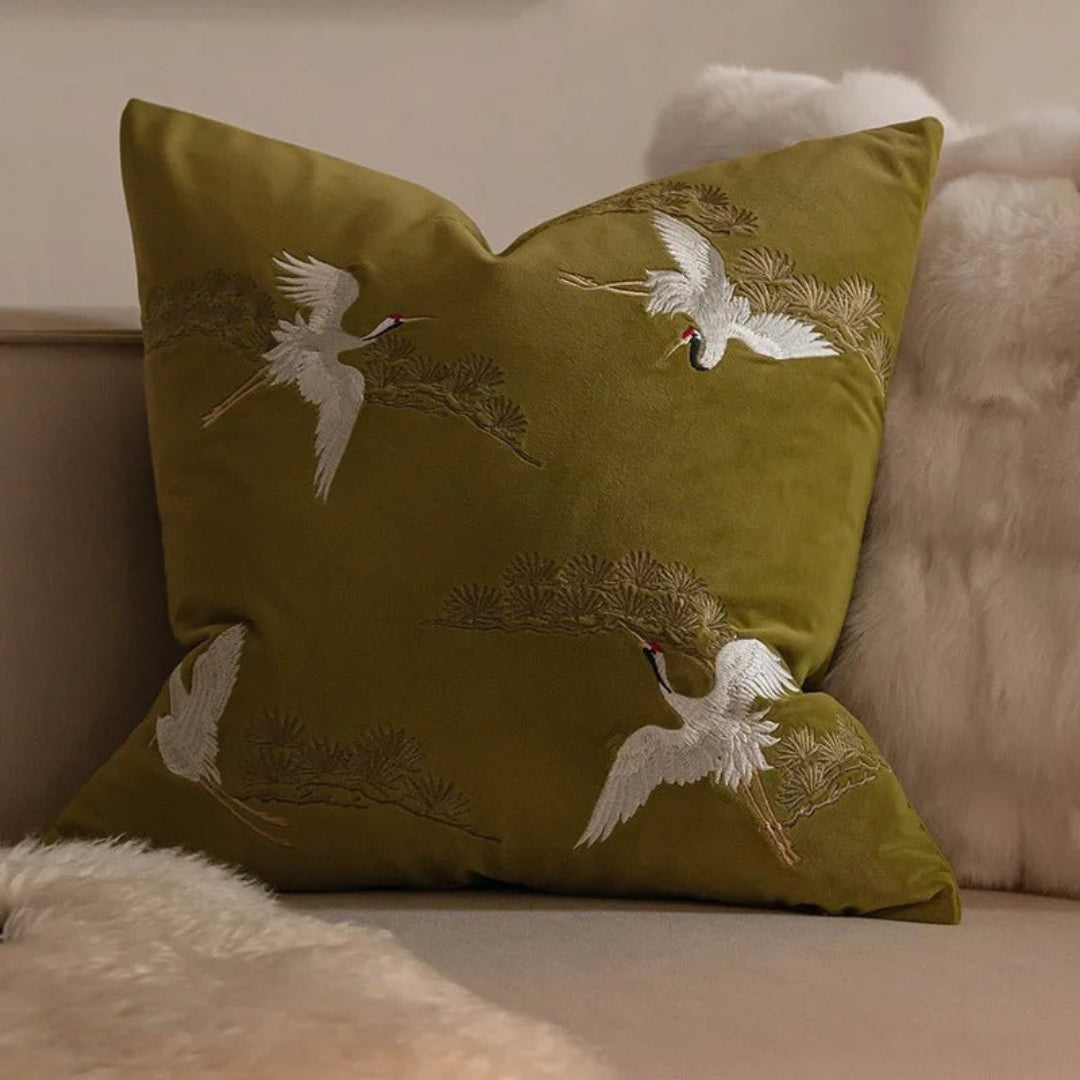Classic Crane and Pine Embroidered Cushion Cover Decor Set Green