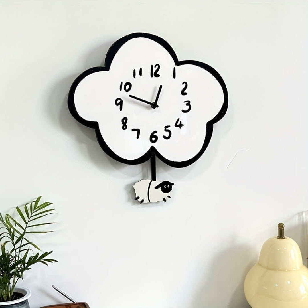 Whimsical Cartoon Wall Clock with Swinging Sheep | Fun Decor