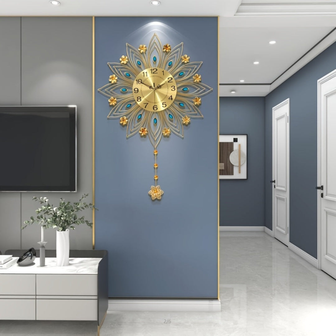 Opulent Floral Wall Clock with Gold Accents for Living Space