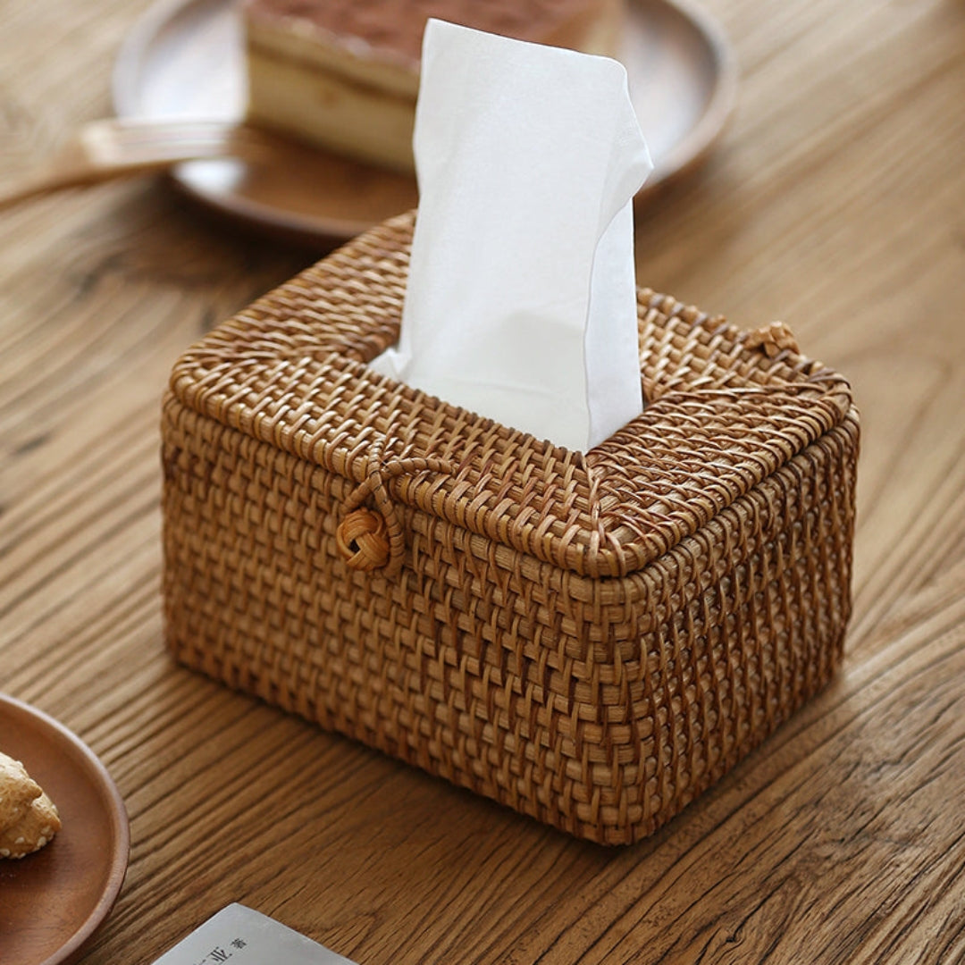 Rustic Handwoven Rattan Tissue Box Cover Tabletop Style