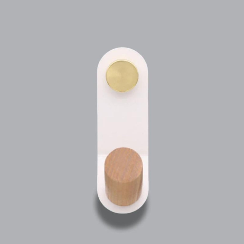 Nordic Pastel Wall Hook with Oak Wood and Brass Accent Trim Off-White
