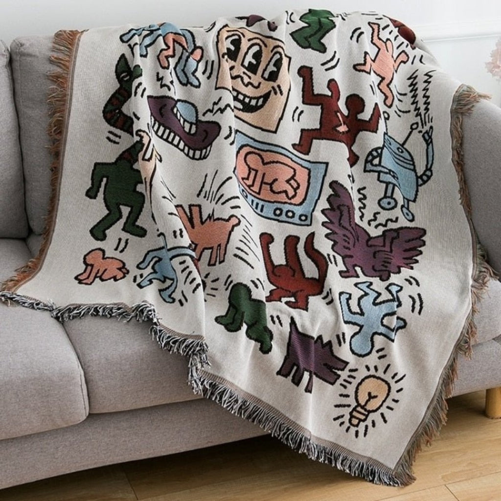 Iconic Keith Haring Jigsaw Throw Blanket for Interior Decor Multicolor