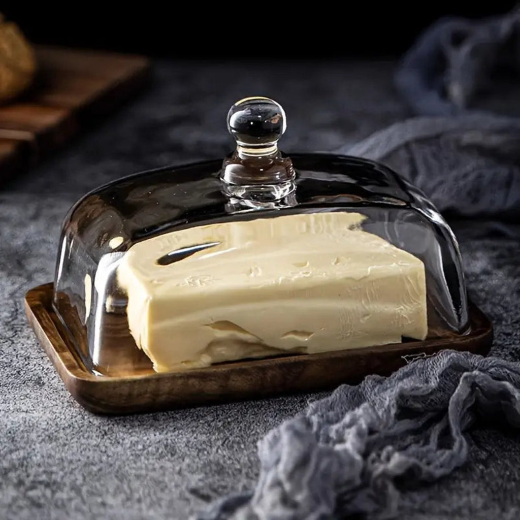 Wooden Glass Butter Dish | Modern Table Presentation Style Coffee Color