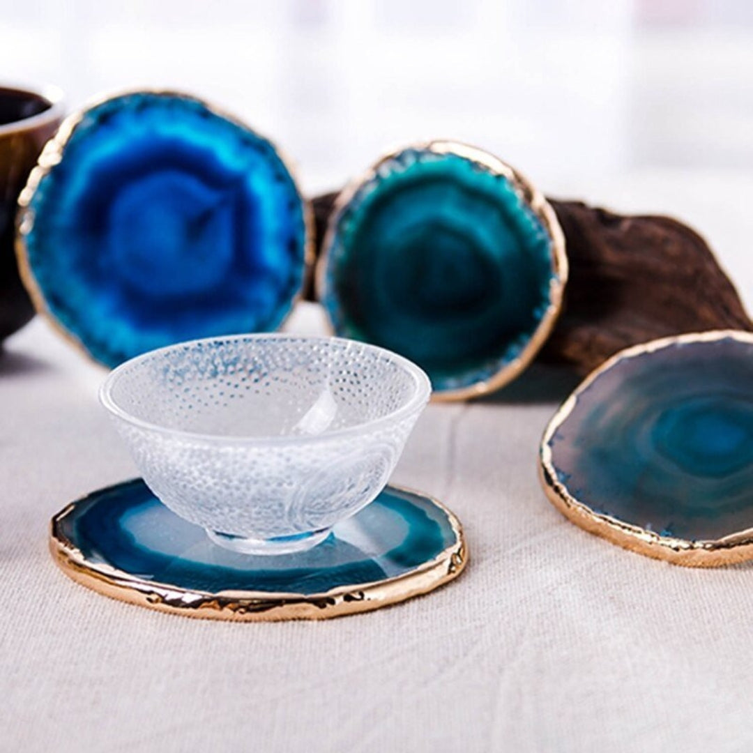 Elegant Blue Agate Coaster Set with Polished Gold Edges 6 pieces