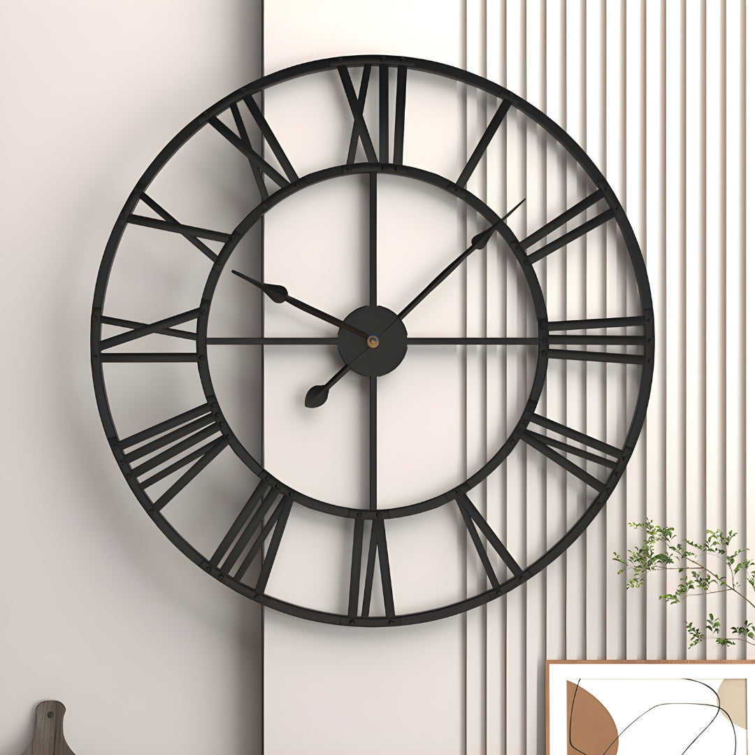 Elegant Roman Numeral Iron Wall Clock Quiet Rooms Black