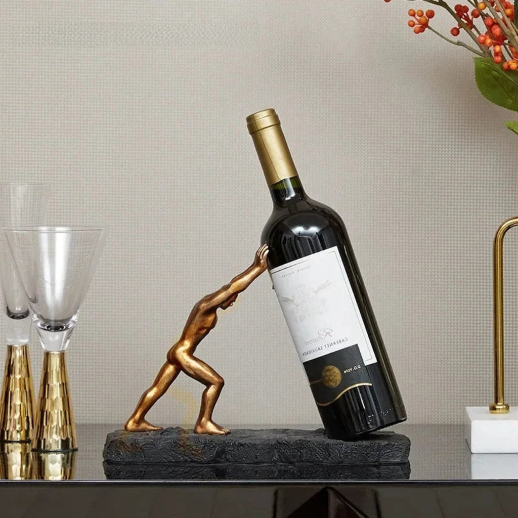 Artistic Sculptural Wine Bottle Holder as Home Decor Accent Gold