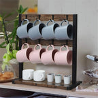 Classic Wooden Coffee Mug Stand with 16 Hooks Two Tier