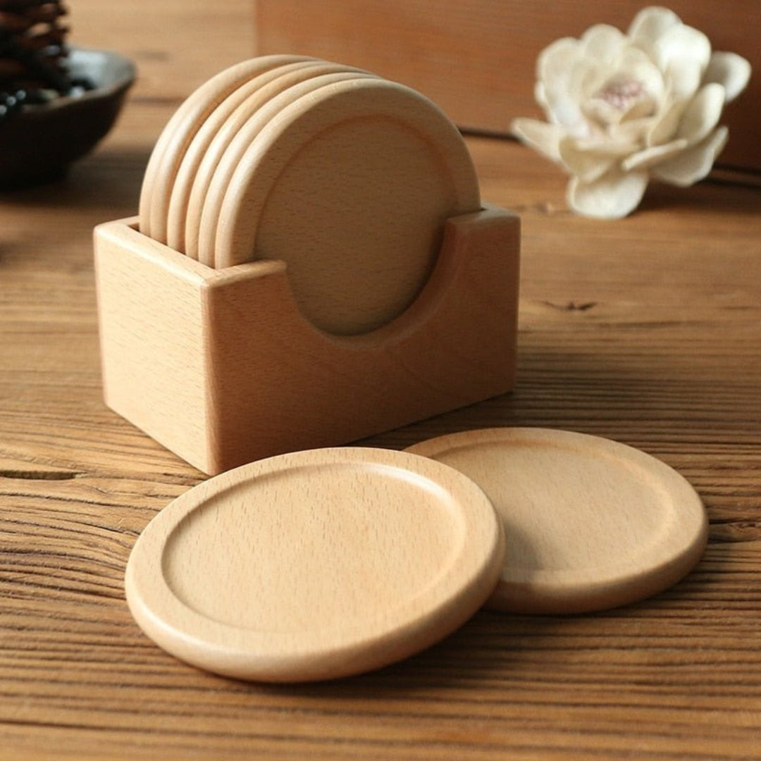 Traditional Japanese Wooden Coaster Set for Dining Tables Use Beech 6 Piece