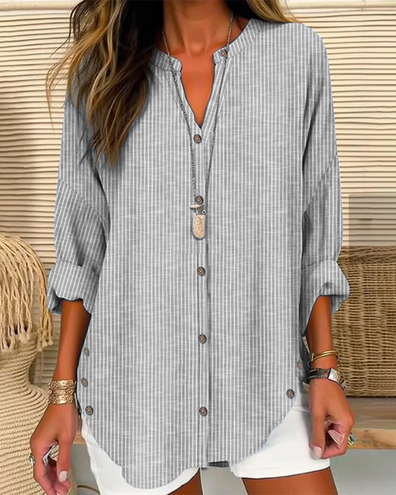 Women’s Relaxed Striped Button Blouse – Casual Summer Top Gray