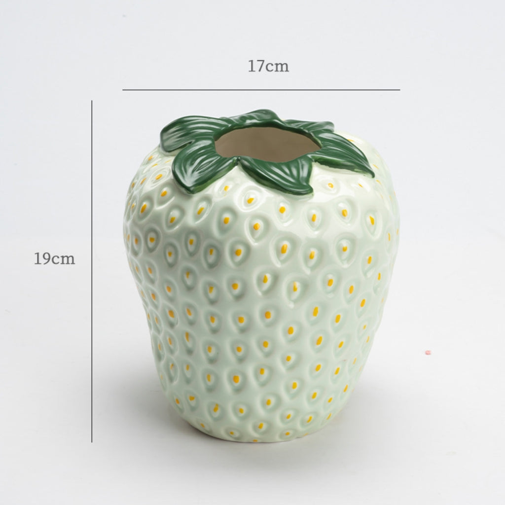 Designer Strawberry Ceramic Vase | Unique Tabletop Decor Green