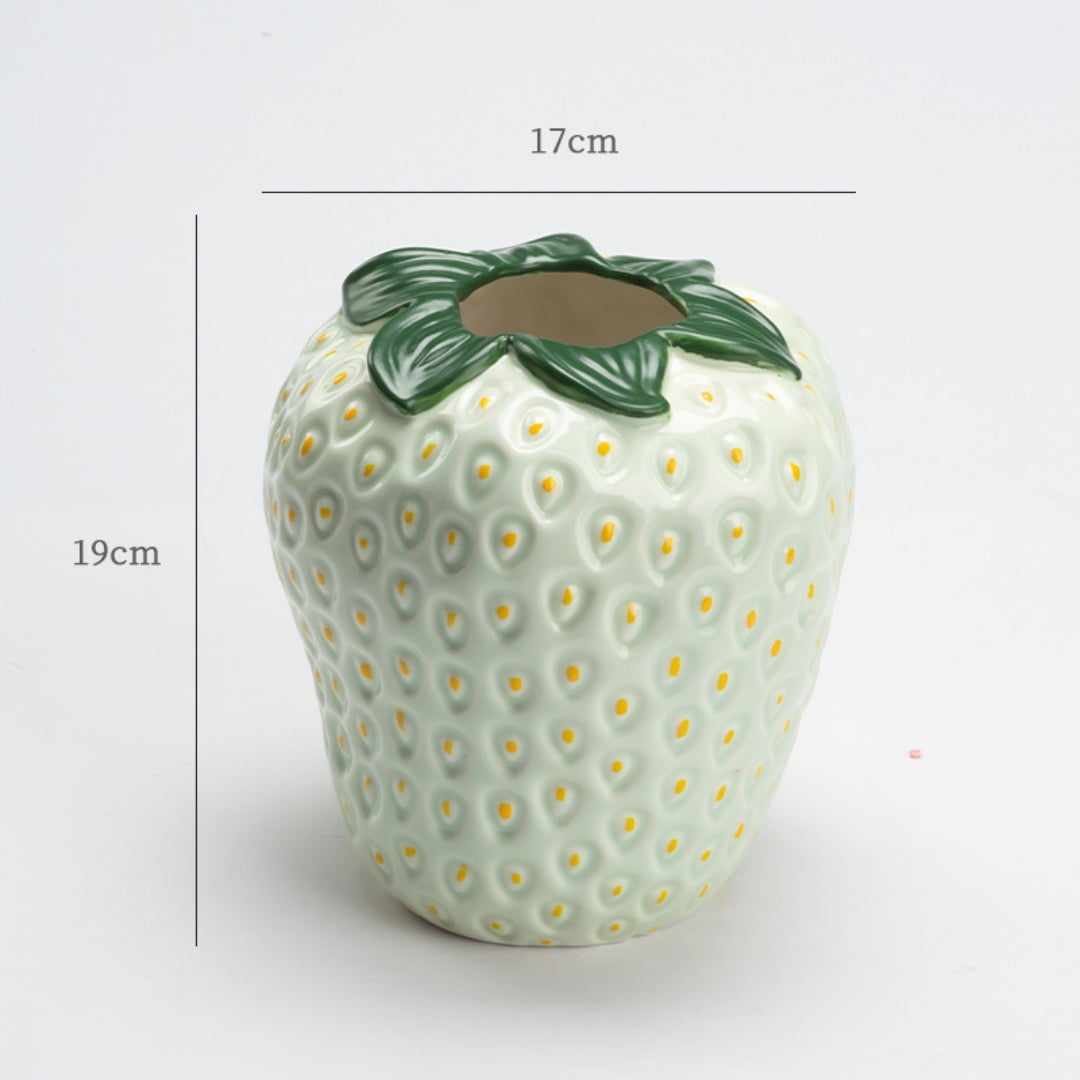 Designer Strawberry Ceramic Vase | Unique Tabletop Decor Green
