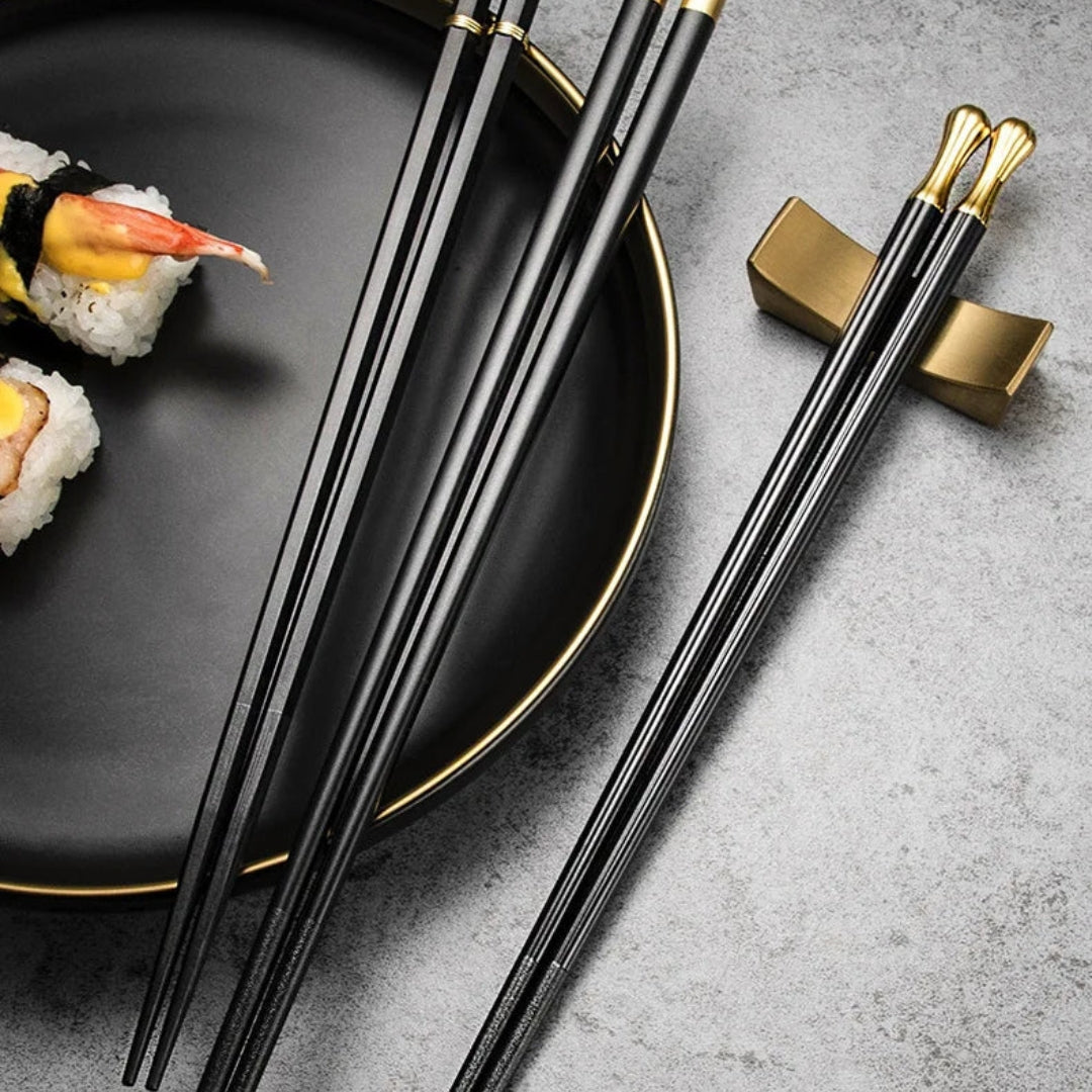 Luxe Metal Chopsticks Set of 5 | Modern Black Gold Design