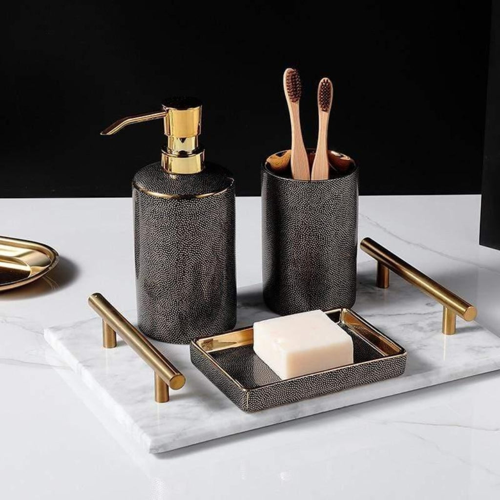 Luxe Ceramic Bathroom Set | Golden Accent Accessories Kit
