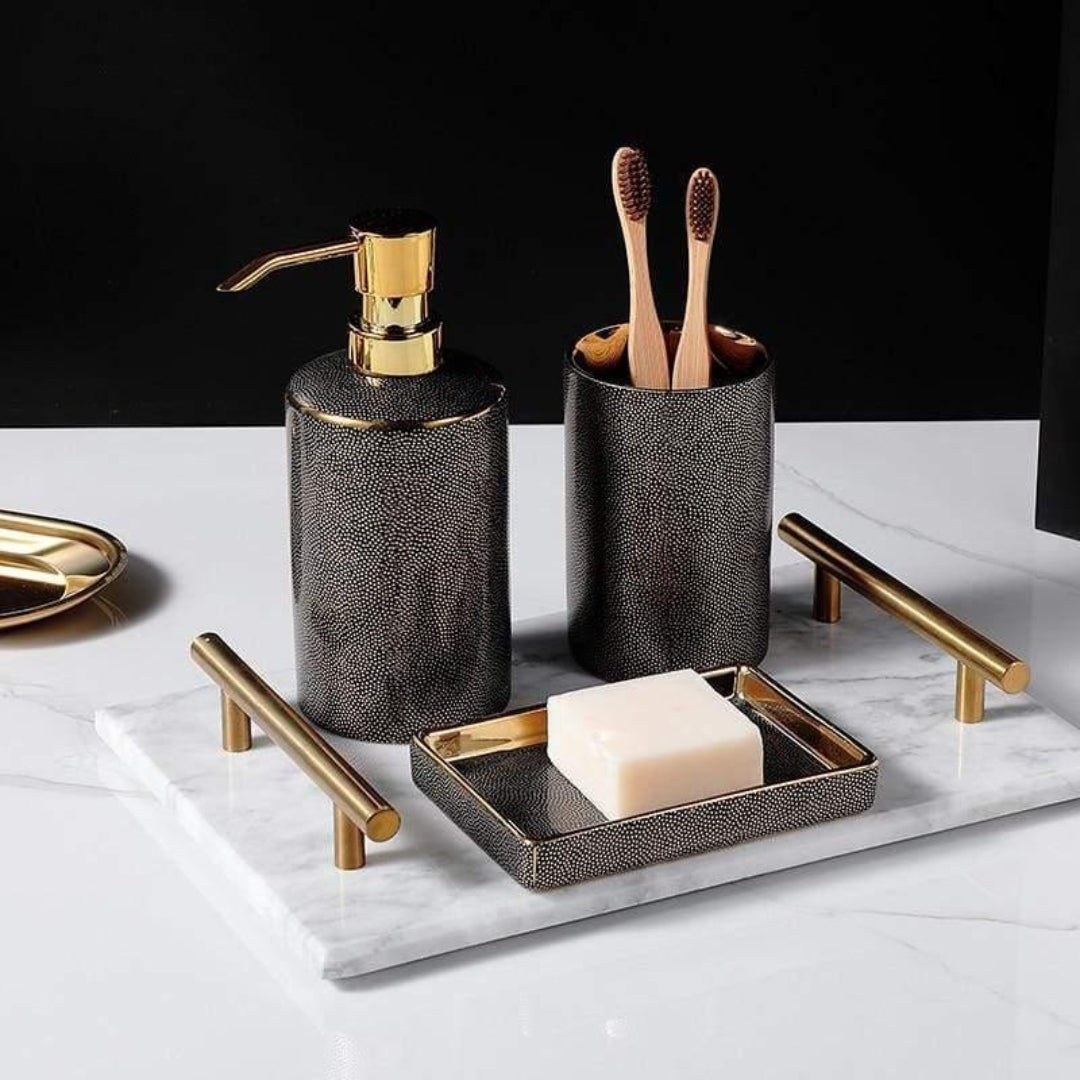 Luxe Ceramic Bathroom Set | Golden Accent Accessories Kit