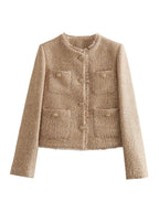 Women’s Cropped Tweed Blazer Jacket with Button Closure