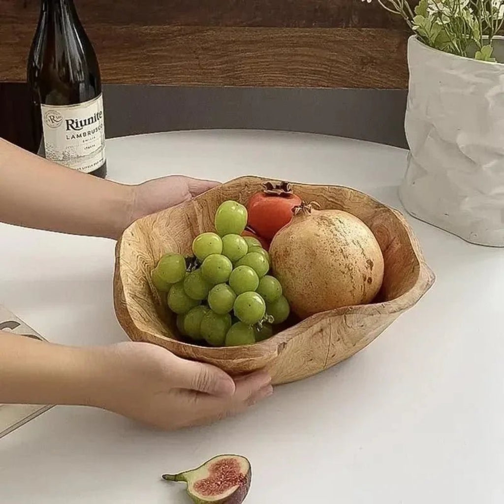 Rustic Carved Wood Fruit Bowl for Home Table Styling Decor