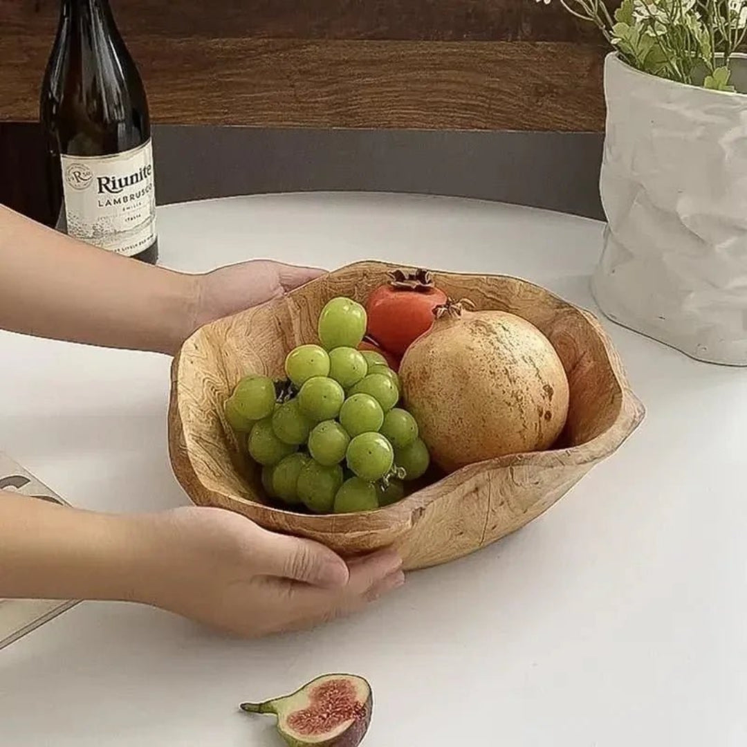 Rustic Carved Wood Fruit Bowl for Home Table Styling Decor