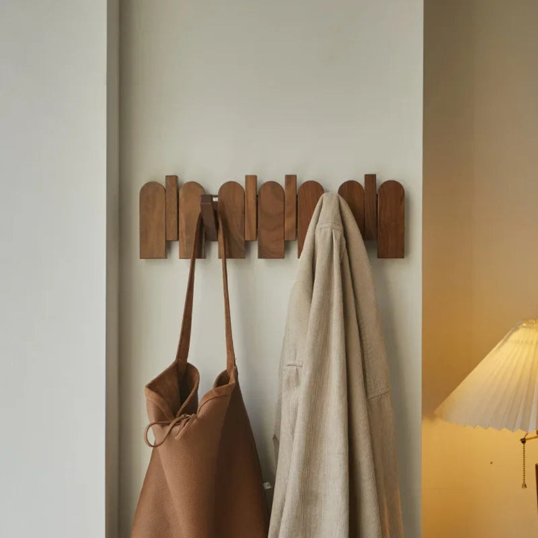 Walnut Wooden Wall Coat Rack | Minimalist Foldable Hooks