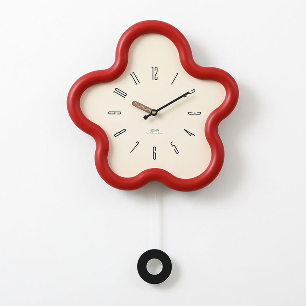 Decorative 3D Floral Pendulum Wall Clock for Quiet Spaces Red
