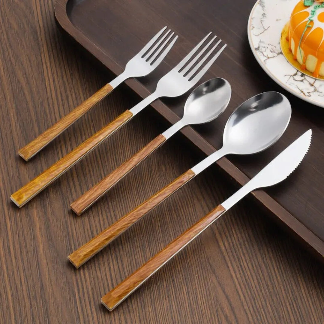Elegant Cutlery Set with Wood-Inspired Handles for Dining Silver