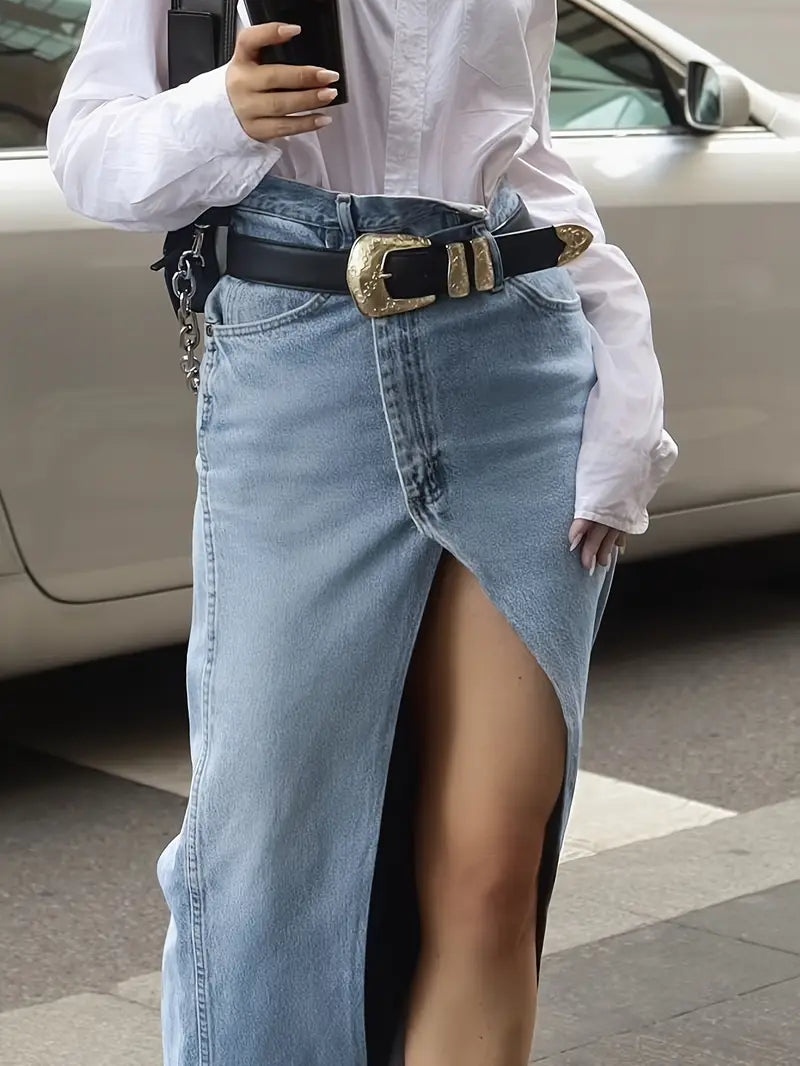 Women’s Elegant Denim Skirt with High Slit
