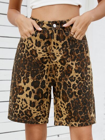 Women’s Leopard Print High Waist Denim Shorts Leopard