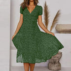 Women’s Elegant Midi Dress with Short Sleeves Green