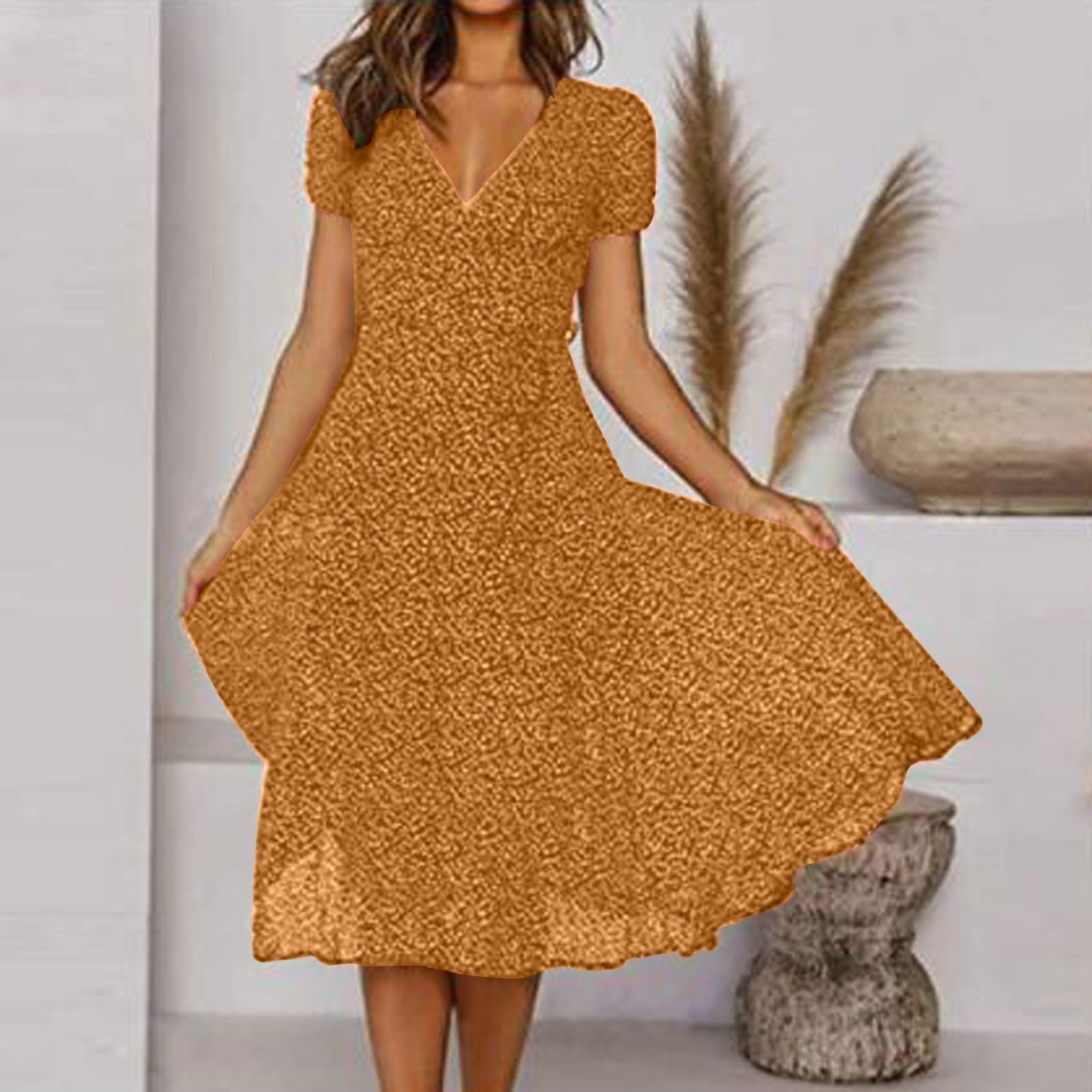 Women’s Elegant Midi Dress with Short Sleeves Yellow