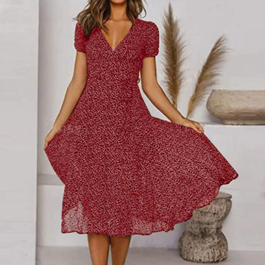 Women’s Elegant Midi Dress with Short Sleeves Burgundy