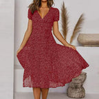 Women’s Elegant Midi Dress with Short Sleeves Burgundy