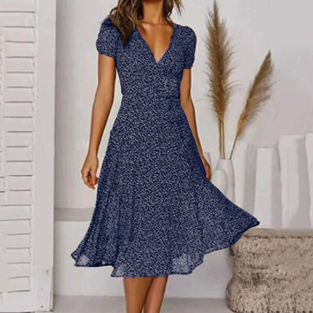 Women’s Elegant Midi Dress with Short Sleeves Navy Blue