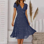 Women’s Elegant Midi Dress with Short Sleeves Navy Blue