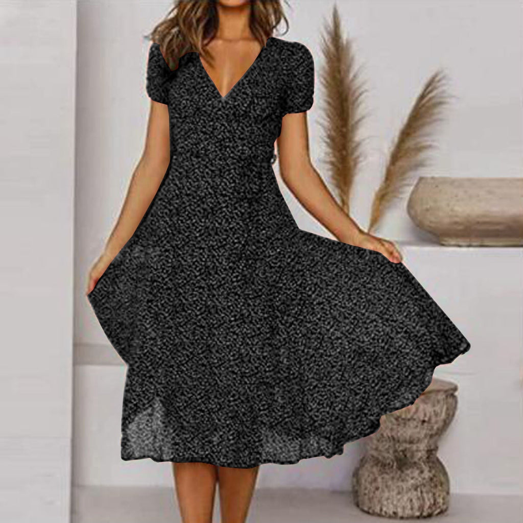 Women’s Elegant Midi Dress with Short Sleeves Black