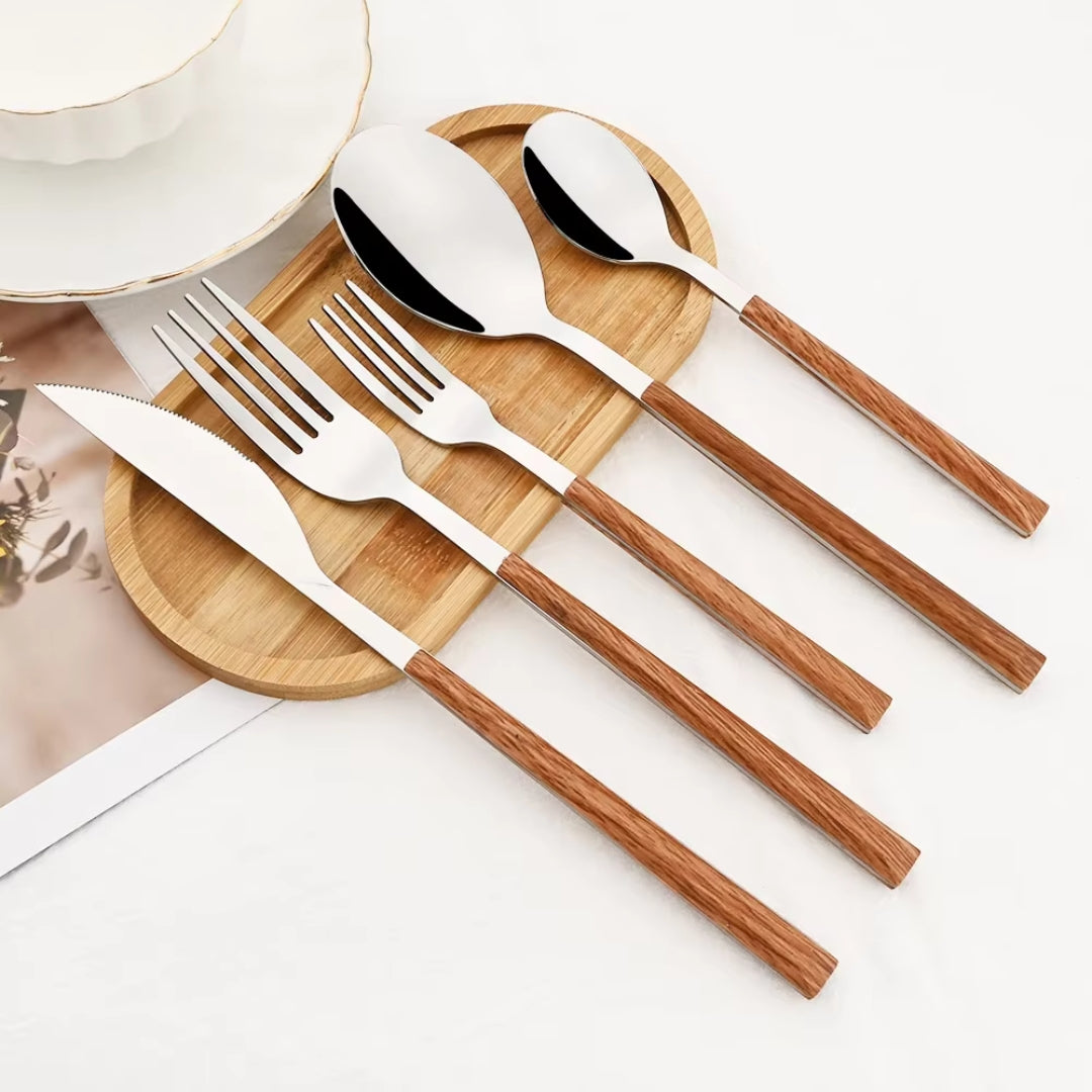 Elegant Cutlery Set with Wood-Inspired Handles for Dining