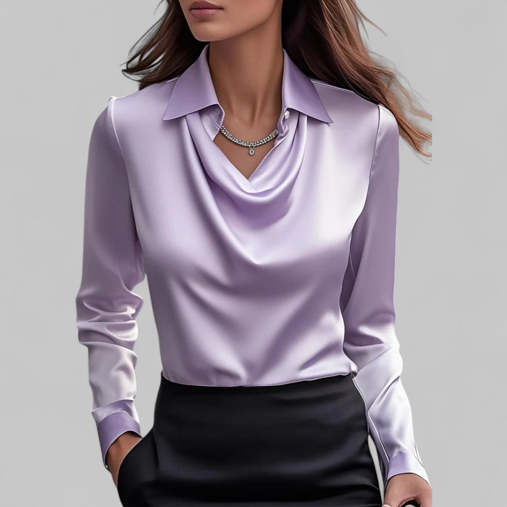 Women’s Elegant Blouse with Waterfall Neckline and Long Sleeves Purple
