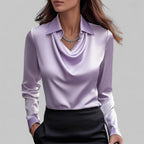 Women’s Elegant Blouse with Waterfall Neckline and Long Sleeves Purple