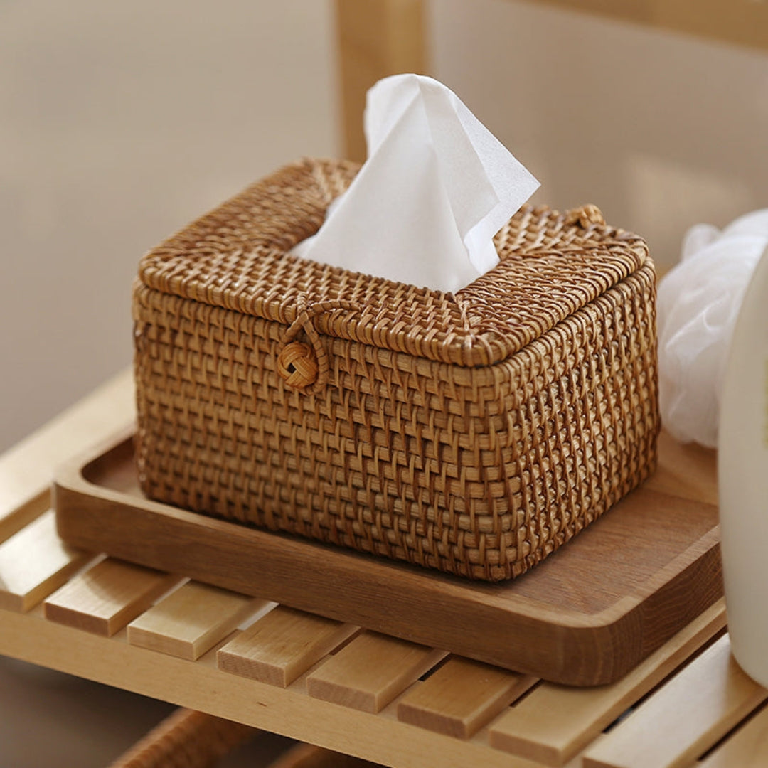 Rustic Handwoven Rattan Tissue Box Cover Tabletop Style Brown