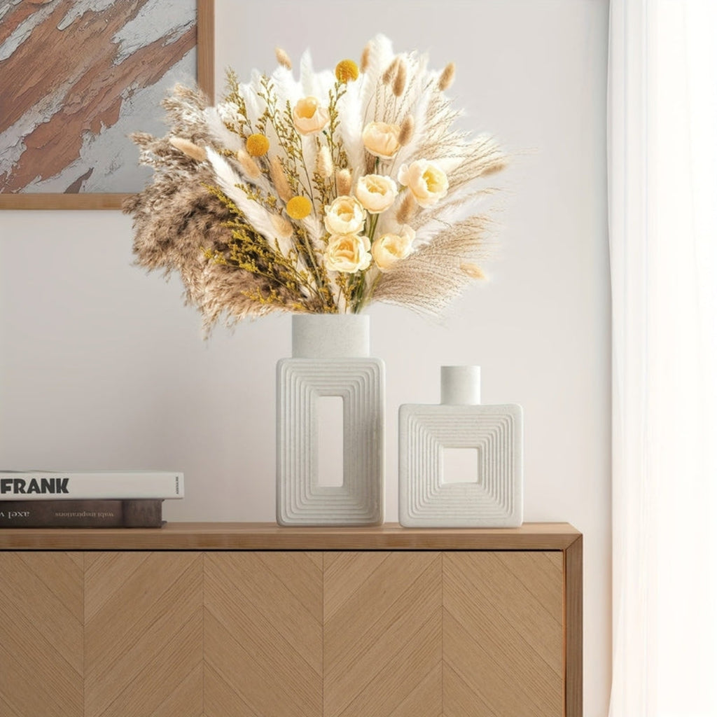 Elegant White Ceramic Vase Set with Geometric Boho Design