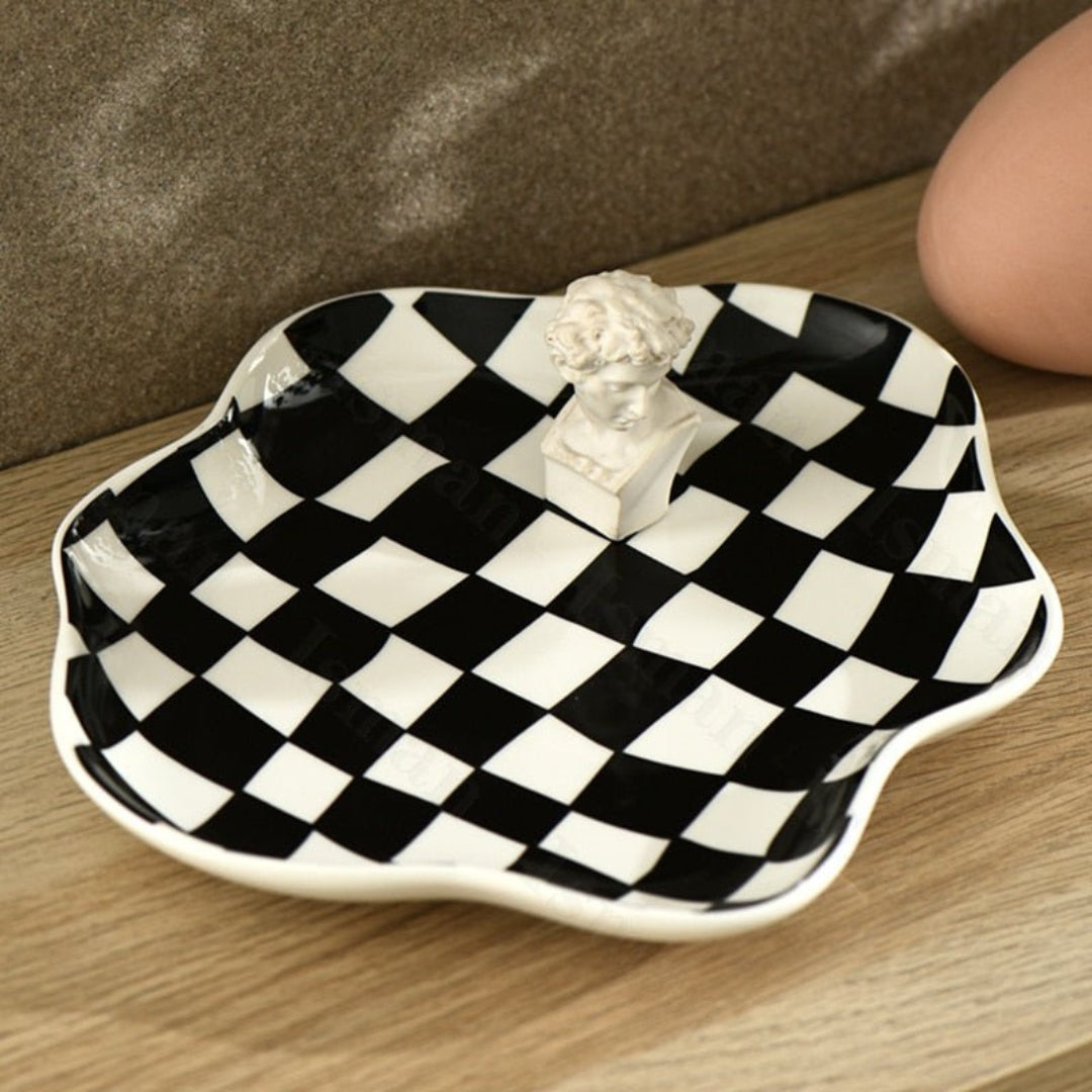 Contemporary Checkered Ceramic Storage Tray | Modern Living Black
