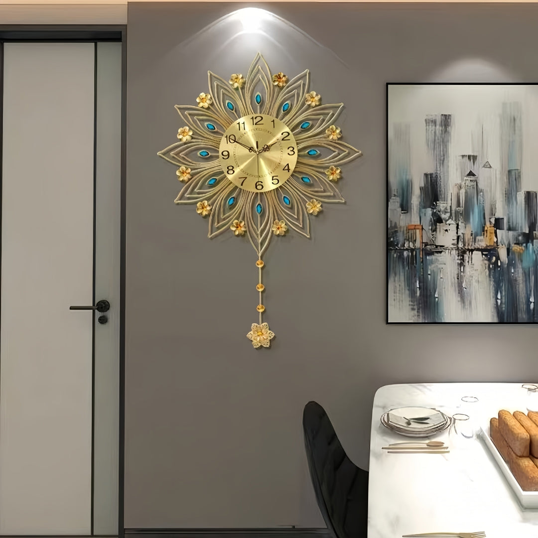 Opulent Floral Wall Clock with Gold Accents for Living Space