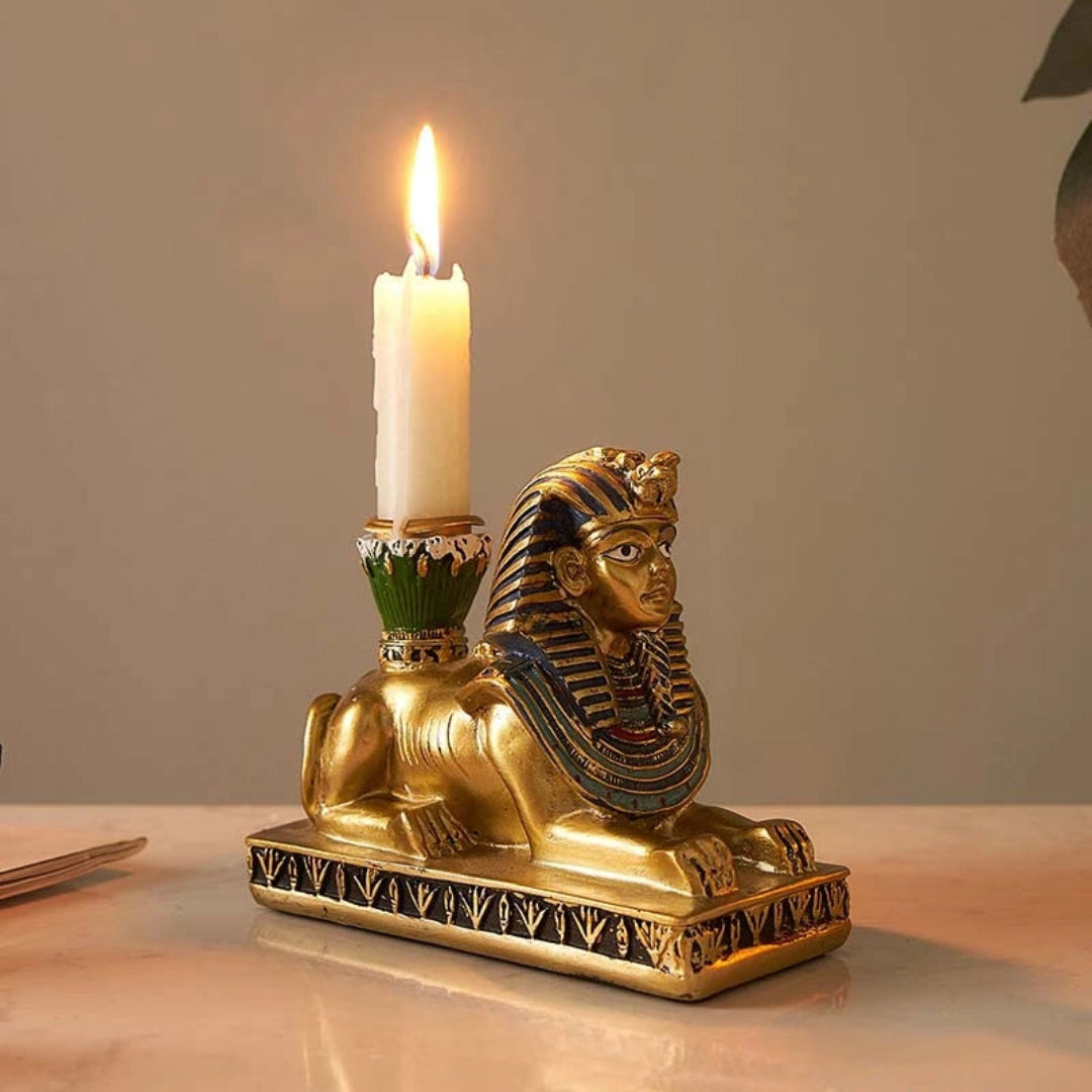 Sculptural Egyptian Candle Stand for Tabletop Decor Display Sphinx