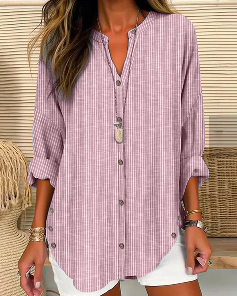 Women’s Relaxed Striped Button Blouse – Casual Summer Top Light Pink