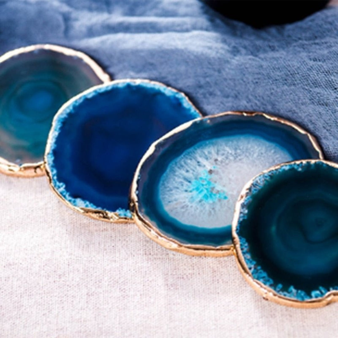 Elegant Blue Agate Coaster Set with Polished Gold Edges