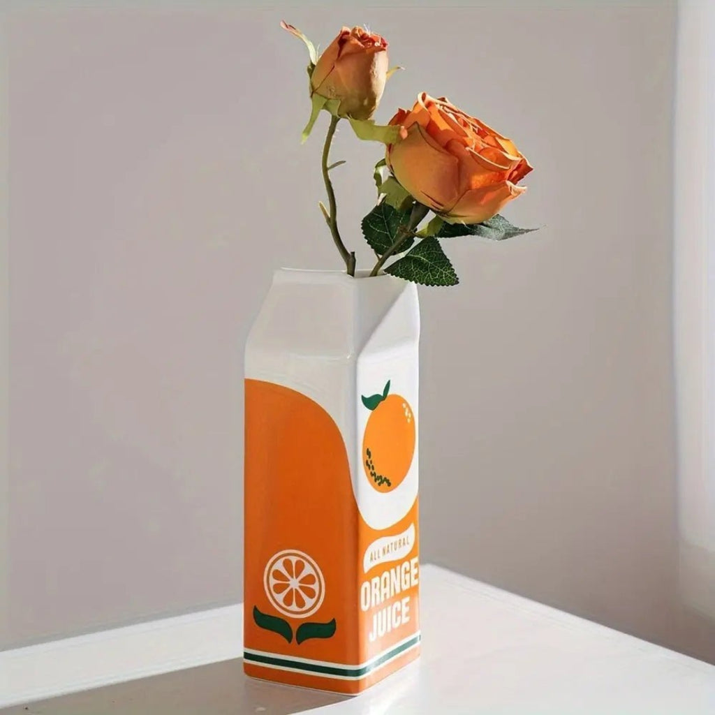 Playful Ceramic Vase with Iconic Juice Carton Form Decor