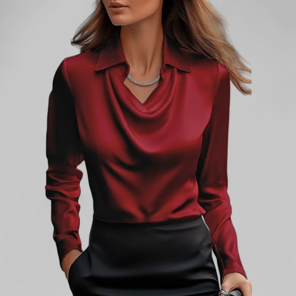 Women’s Elegant Blouse with Waterfall Neckline and Long Sleeves Red
