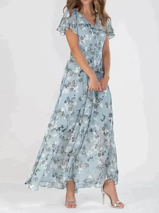 Women’s Elegant Floral V-Neck Maxi Dress Blue