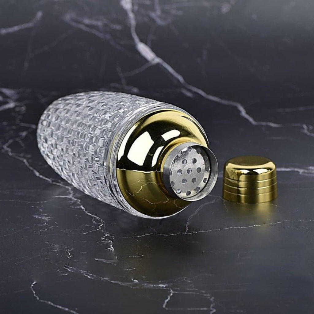 Elegant Glass and Gold Steel Cocktail Shaker for Home Bars