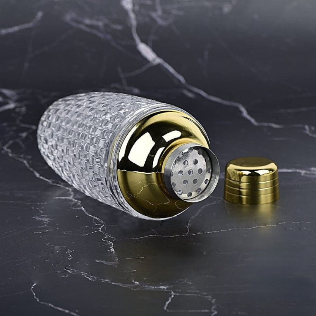 Elegant Glass and Gold Steel Cocktail Shaker for Home Bars
