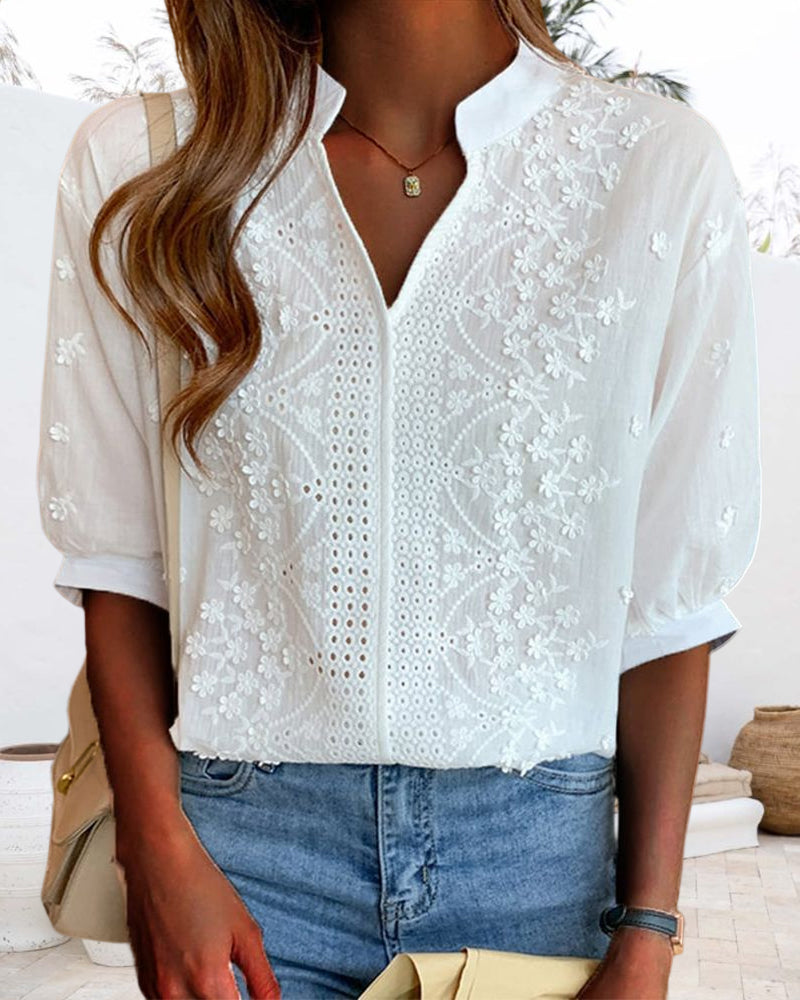 Women’s Elegant V Neck Puff Sleeve Blouse for Summer